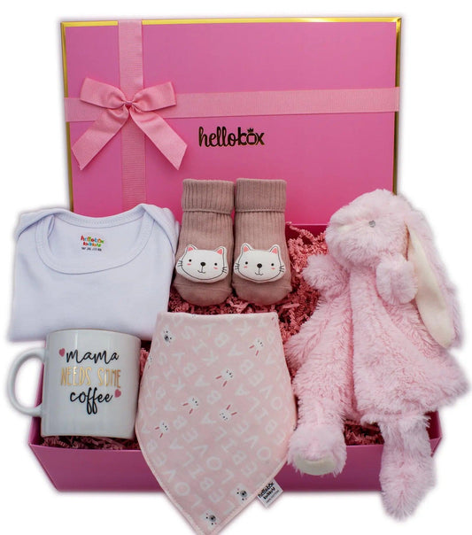 Baby Geschenk zur Geburt Mädchen - Schmusetuch, Anti-Rutsch Erstlingssöckchen, Mama Kaffetasse, Baby body(Rosa) helloboxshop