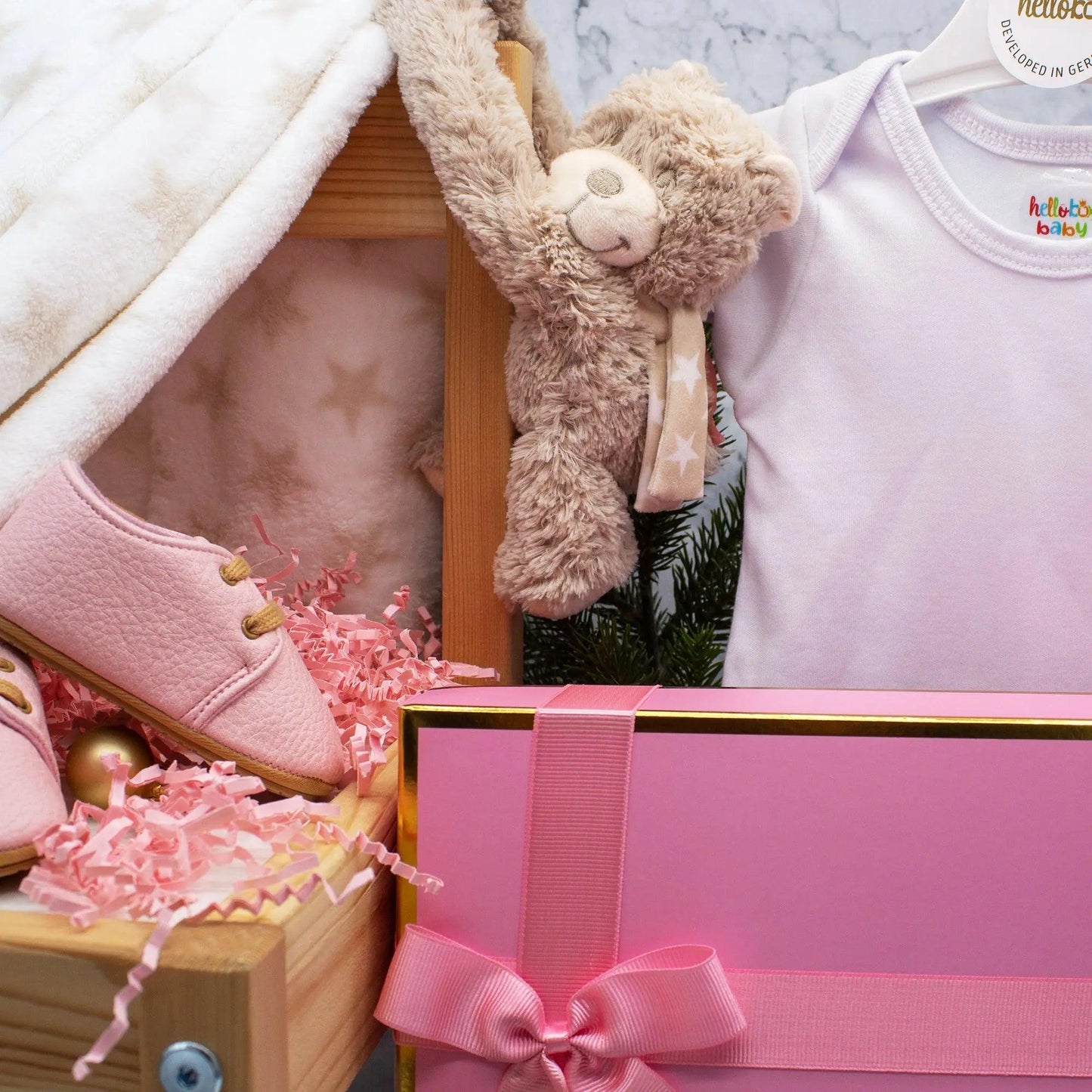 Hello box Baby Geschenkset zur Geburt für mädchen, Neugeborene geschenkset mit Lauflernschuhe, Babydecke, Kuscheltier Rosa Mädchen helloboxshop