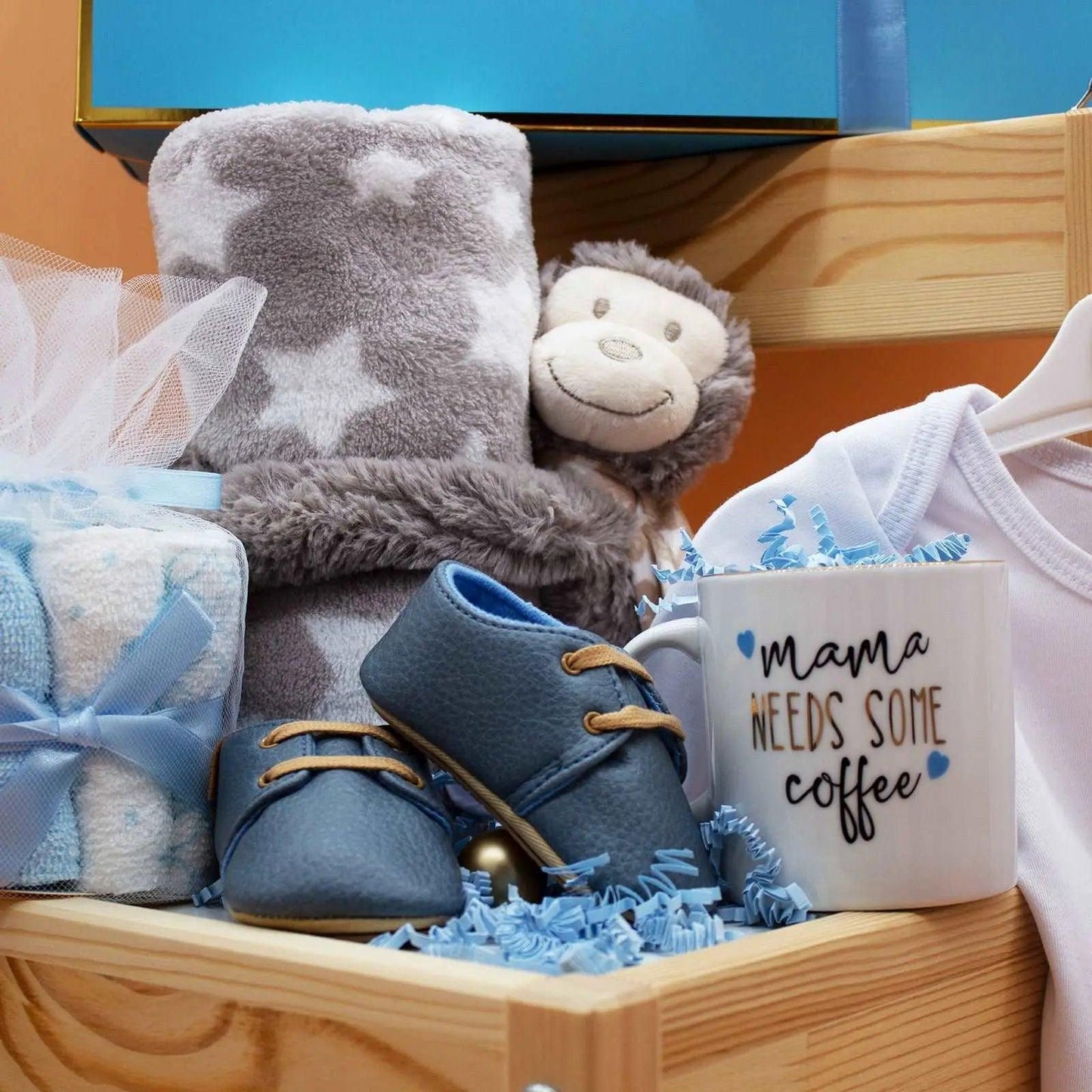 Hellobox Geschenke für neugeborene mit Babydecke, Kuscheltier (17 Teile) (Blau/Weiss/Grau) Junge helloboxshop