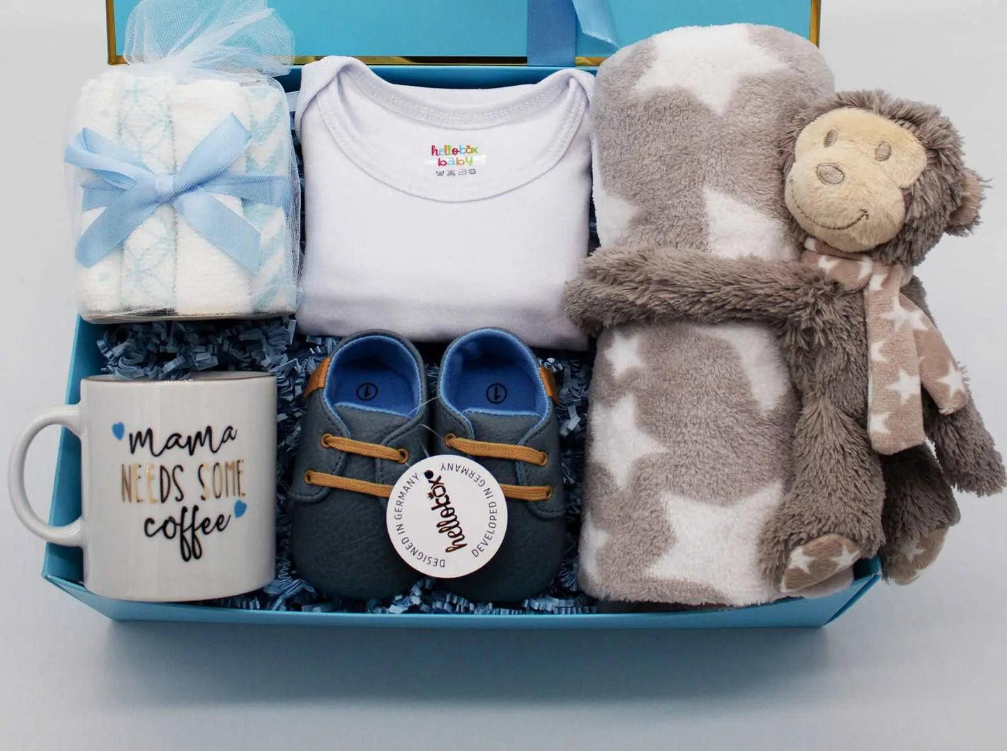 Hellobox Geschenke für neugeborene mit Babydecke, Kuscheltier (17 Teile) (Blau/Weiss/Grau) Junge helloboxshop