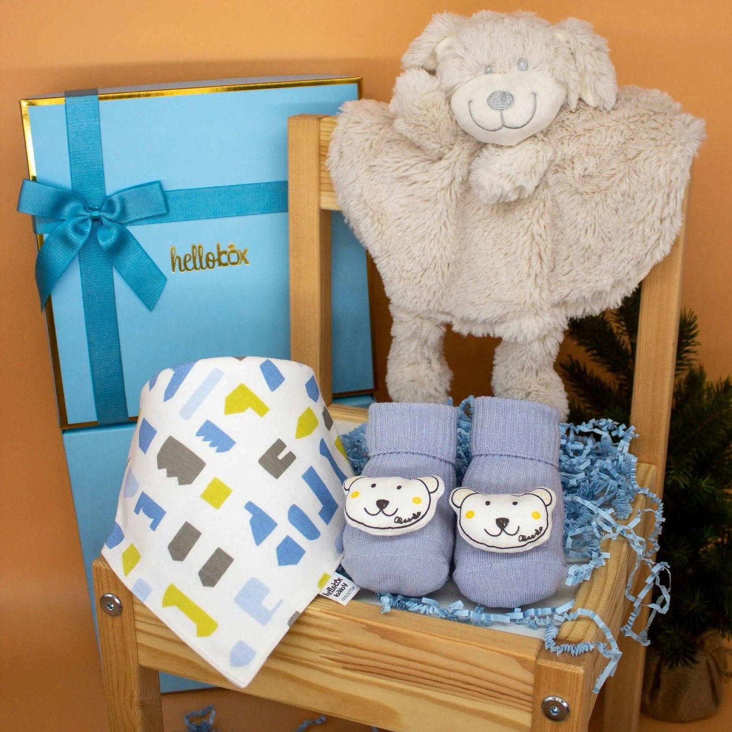 Hellobox Schmusetuch, Anti-Rutsch Erstlingssöckchen und Lätzchen Baby Geschenk zur Geburt Junge  (Blau) helloboxshop